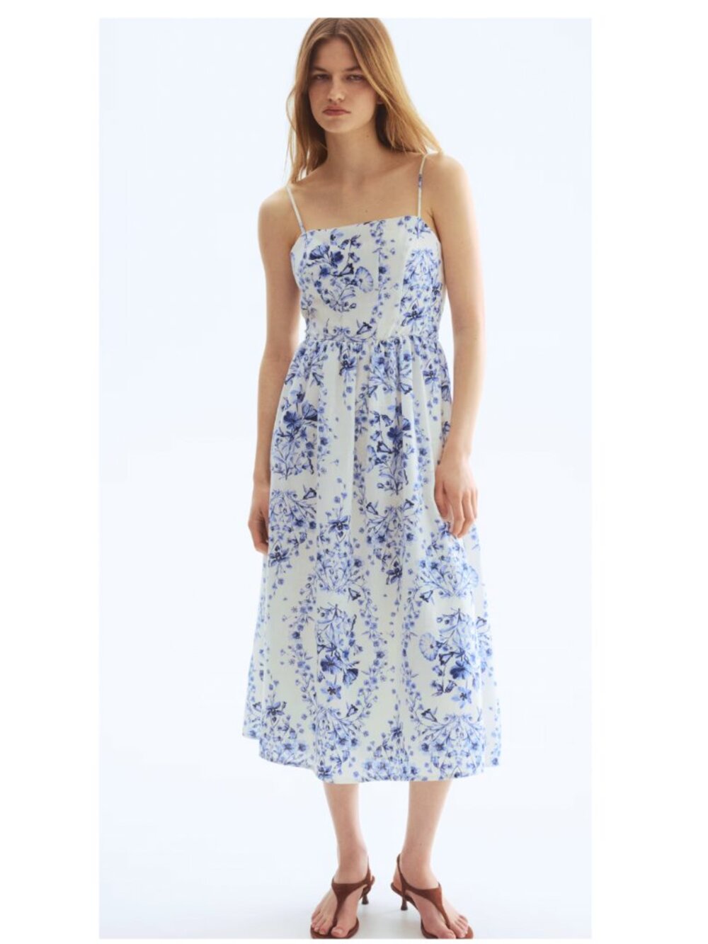 H&M NWT Strappy Midi Dress Blue Floral M - Picture 1 of 5